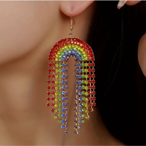 Stunning! Iced Rhinestone Dangle RAINBOW Earrings 🌈 - Picture 2 of 6